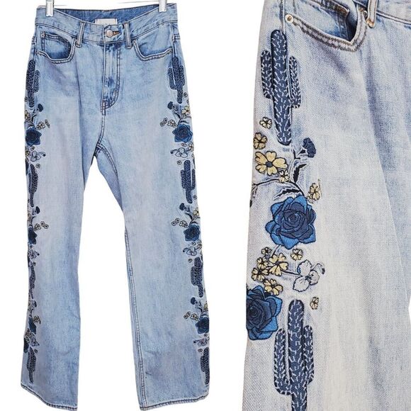 BDG Urban Outfitter High Waisted Cowboy Jeans Womens 26 Embroidered Cactus #23 - Picture 1 of 15